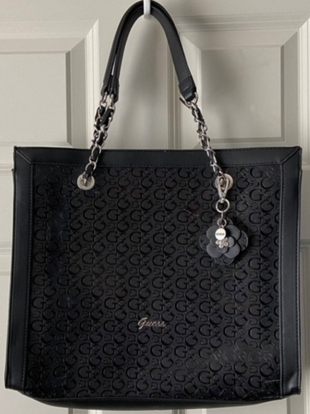 GUESS Black Embossed Logo Tote Shoulder Bag Silver Chain Charm